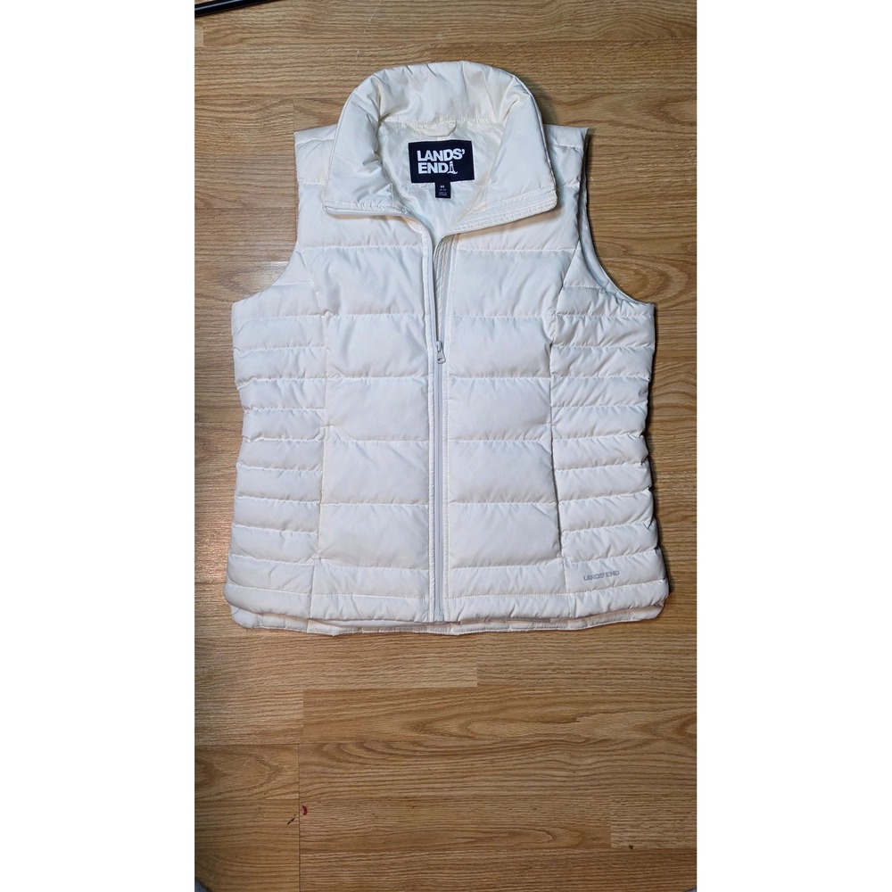 Lands End Womens Puffer Vest Cream Ivory Off White Quilted Full Zip Medium